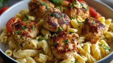 knoblauchbutter-huhnchenbissen-mit-wurziger-cajun-alfredo-drehrohrenpasta