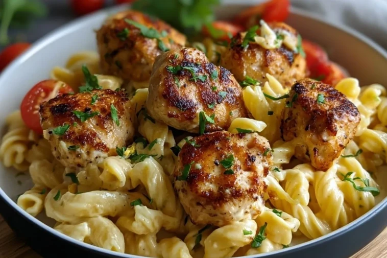 knoblauchbutter-huhnchenbissen-mit-wurziger-cajun-alfredo-drehrohrenpasta